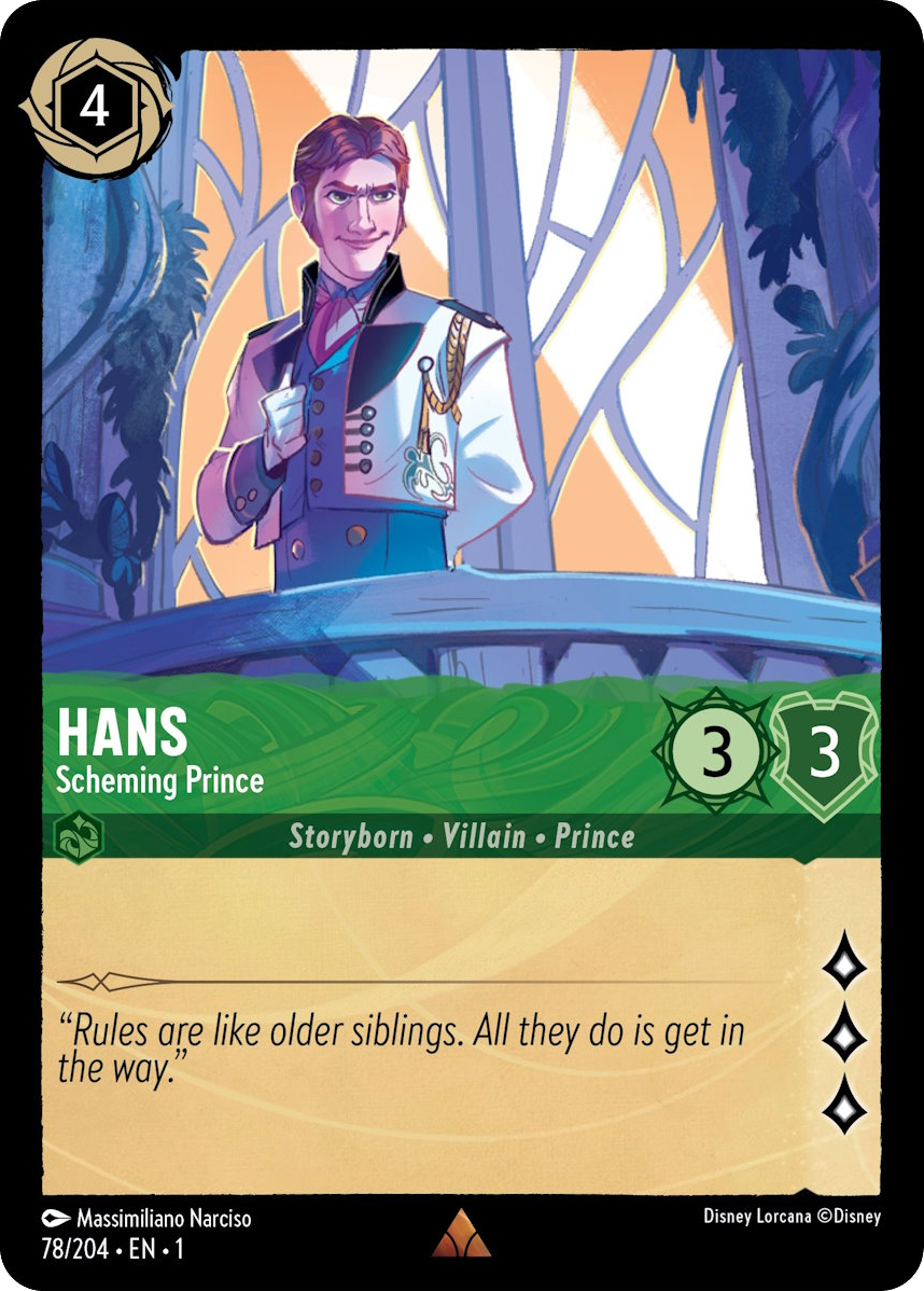 hans, scheming prince, a 4 cost 3/3 that quests for 3